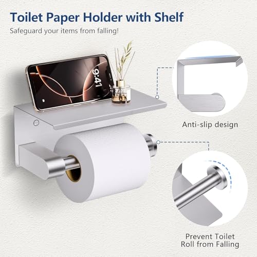 Bathroom Towel Bar Holder Sets, 5 Piece, Brushed Nickel Bathroom Hardware Set, Stainless Steel Toilet Paper Holder with Shelf Bathroom Accessories Kit Wall Mounted (Silver)