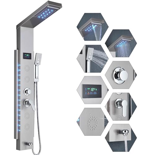 Panel de Ducha con Grifo para Bañera y Hidromasaje LED - Kit Completo en Acero Inoxidable Antical, 5 Funciones (Cabezal Fijo, Ducha de Mano, Caño), Fácil Instalación