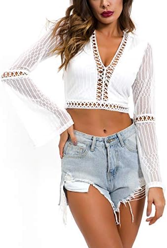 Jekusied Mesh Patchwork Sheer T-Shirt Flare Long Sleeve Crop Top V Neck Hollow Out Tops