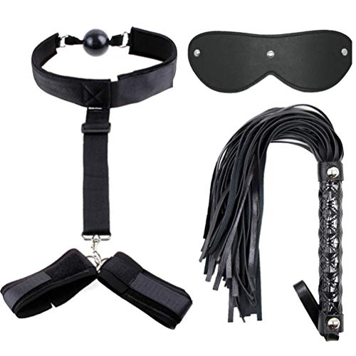 Adjustable Behind The Back Handcuffs and Silicone Mouth Ball with PU Leather Blindfold and Short Riding Whip Set for Women (Black)