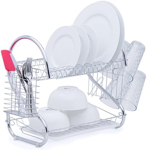 2-Tier Chrome Plated Dish Drying Rack 20"L x 10.5"W x 15.5"H with Plastic Drain Tray and Removable Utensil Holder