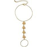 Bohemian Flower Hand Chain Ring Bracelet for Women Gold Plated Dainty Fashion Floral Adjustable Link Stackable Finger Rings Bracelets Fashion Trendy Jewelry