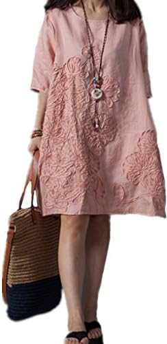 Women’s Casual A-Line Cotton Linen Embroidery Floral Loose Dress (Medium, Pink)
