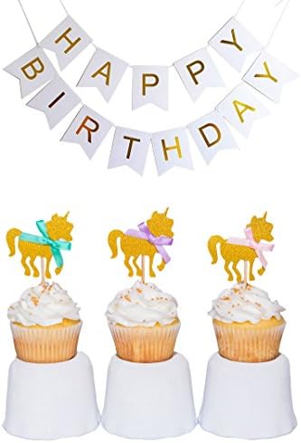 Gold Unicorn Cupcake Toppers + Happy Birthday Banner - Set of 30 | Girl's Party Supplies + Cake Decorations