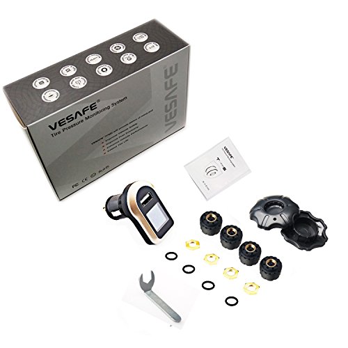 Vesafe Wireless Tire Pressure Monitoring System (TPMS), with 4 External Cap sensors. (Cigarette Lighter Plug with 2A Charging) (Color)