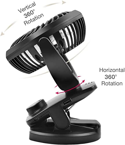 Mini Clip-on Fan 5000mAh Rechargeable Battery Operated USB Desk Fan Portable Personal Fan Small Quiet Stroller Fan for Home, Office, Travel, Camping, Baby Pram(Black)