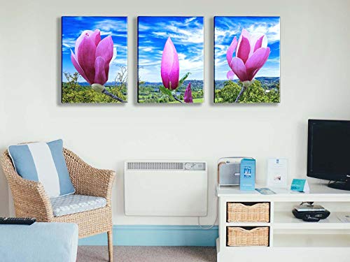 Wall Art Canvas Painting Purple Magnolia Flowers on The Branch Print Picture Modern Home Decor Painting for Living Room（12x16inch x3pcs）