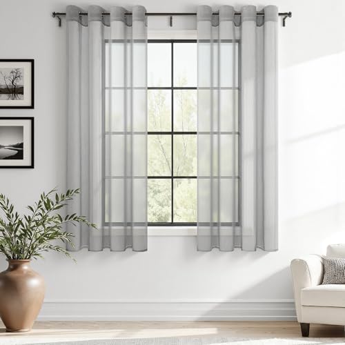 MRTREES Voile Curtains 54 Drop 2 Panels Faux Linen Grey Curtain for Bedroom Eyelet Short Sheer Curtains Panel for Living Room Patio Door 55x54 Drop 140cm x 137cm — image 1