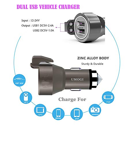 UMOGI 3 in 1 Dual USB Car Charger 2.4A Window Breaker Seat Belt Cutter Emergency Escape Tools Car Safety Hammer Compatible with iPhone/Samsung Galaxy/A9/Note,LG Google Pixel,iPad Pro/Air 2/Mini(Gray)