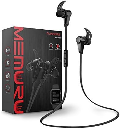 Memuru Runners Wireless Bluetooth Sport Headphones Apple Watch Ready, 8 Hours Play, Durable Sweat Proof Exterior - 5 Colors, 3 Sizes Earbuds, 3 Sizes Wings [BLACK]