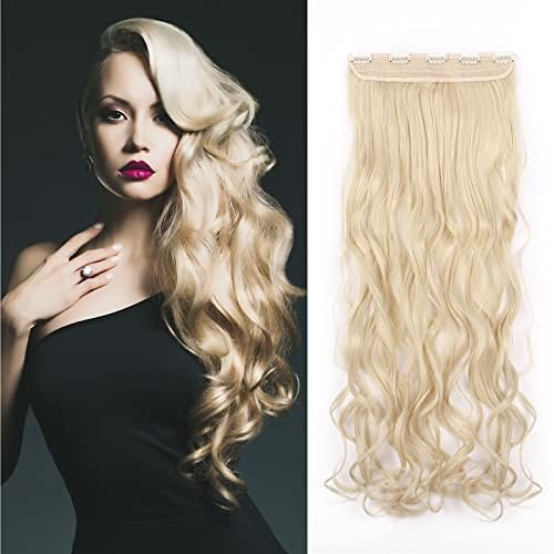 One Piece Clip in Hair Extensions 17inch Curly Wavy Hairpieces Invisible Synthetic Hair Thin Thickness For Women 3/4 Half Full Head [Bleach Blonde]