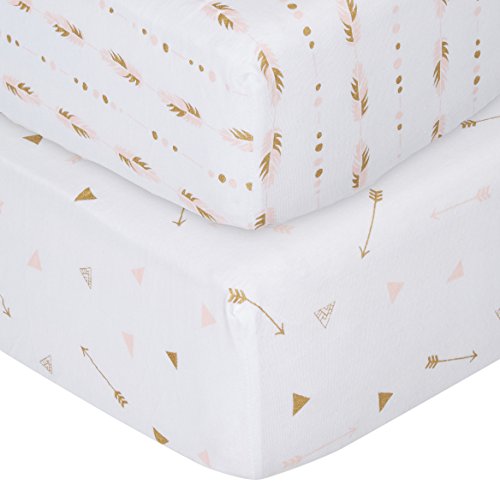 American Baby Company 2 Piece Printed 100% Cotton Jersey Knit Fitted Portable/Mini-Crib Sheet, Sparkle Gold/Pink Feathers/Arrows