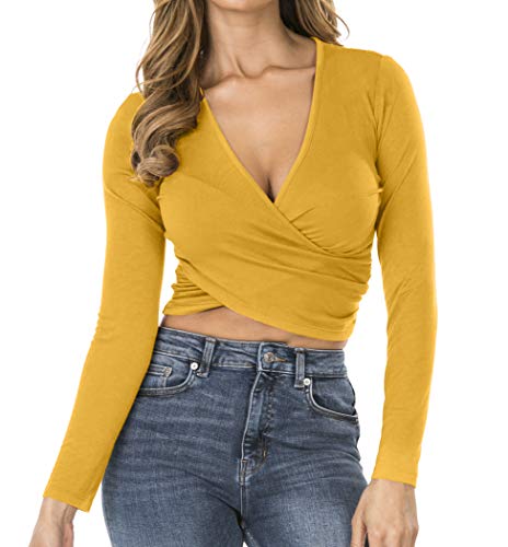7028 Womens Deep V-Neck Long Sleeve Fitted Surplice Wrap Crop Top Mustard M - Thumbnail 5