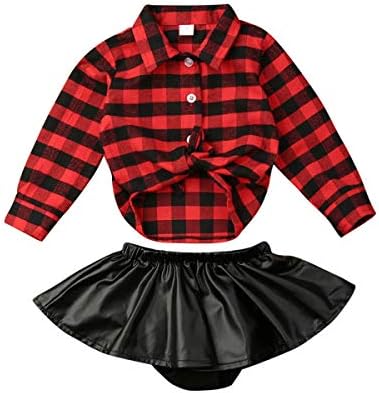 Newborn Kids Baby Girl Xmas Clothes T-Shirt Plaid Tops+Leather Skirt Dress 2pcs Winter First Birthday Outfit Set