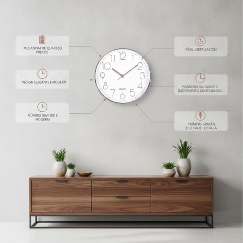 Relógio de Parede Minimalista Rose Gold e Branco 25cm x 25cm Decoração de Parede Enfeites Utilidades Domésticas Premium