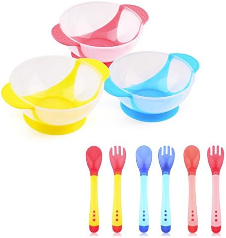 Baby Infants feeding Bowl With Sucker and Temperature Sensing Spoon Suction Cup Bowl Slip-resistant Tableware Set New