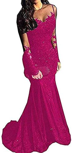HelloLadyBridal Women's Illusions Lace Mermaid Prom Dress Long Sleeves Evening Formal Gown