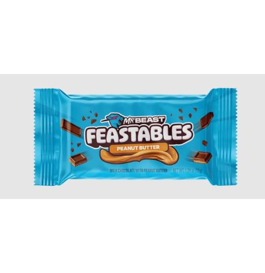 FEASTABLES MRBEAST PEANUT BUTTER MILK CHOCOLATE CHOCOLATE BAR, FULL SIZE BAR FOR ADULTS & KIDS, CANDY BARS, SNACKS, GIFTS, & DESSERT, FAIRTRADE COCOA, 1.24 OZ EACH, 5 COUNT