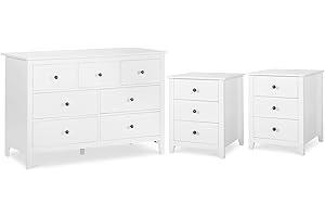 Vikiullf Dresser and Nightstands Sets - 3 Pieces Modern Bedroom Set, White Wooden 7 Drawer Dresser and 3 Drawer Nightstands, Modern Bedroom Furniture Set