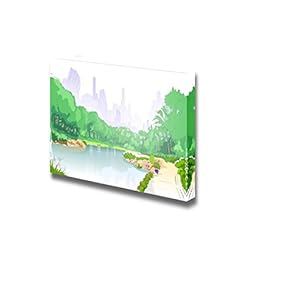 Canvas Prints Wall Art - Green Park in City Center with Pond,Trees and Road Path | Modern Wall Decor/Home Decoration Stretched Gallery Canvas Wrap Giclee Print & Ready to Hang - 12" x 18"