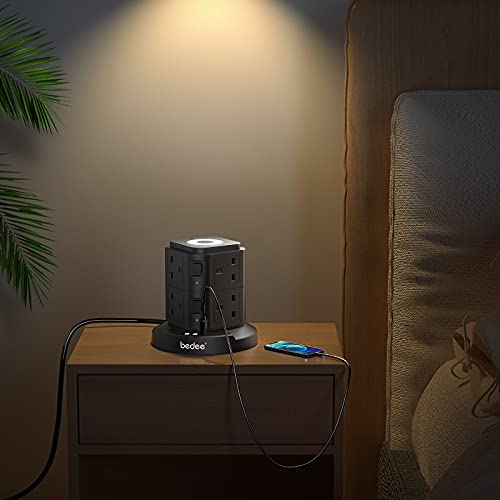 Extension Plug Tower, bedee Tower Extension Lead with Surge Protection, Power Strip Tower with Night Light, 3 USB Slots and 8 Way Outlets, 3M Extension Cord
