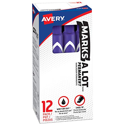 Avery Marks-A-Lot Permanent Markers, Large Desk-Style Size, Chisel Tip, Water and Wear Resistant, 12 Purple Markers (08884)