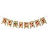 Be Merry Natural Burlap Bunting Christmas Holiday Banner Decoration - 1 piece Precut Swallow-Tailed Light Brown Jute Pennant Fabric Hanging Sign with Colorful Red Letters and Red and Green Holly