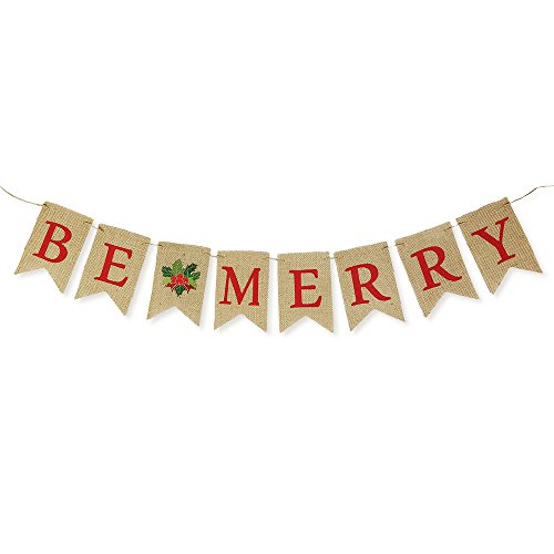 Be Merry Natural Burlap Bunting Christmas Holiday Banner Decoration - 1 piece Precut Swallow-Tailed Light Brown Jute Pennant Fabric Hanging Sign with Colorful Red Letters and Red and Green Holly