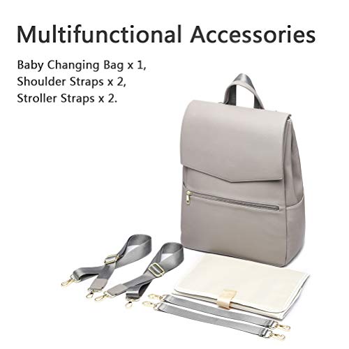 HaloVa Diaper Bag, Baby Nappy Backpack, Premium Leather Women's Travel Bag, Mommy Maternity Shoulder Bag with Baby Changing Pad, Stroller Straps and Milk Bottle Pouch, Light Gray, Small - Thumbnail 6