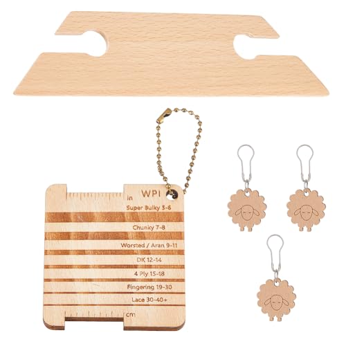 HOBBIESAY 1 Set Wood Knitting Gauge Rulers Wooden Knitting Tool Set with Yarn Ball Chain 3 Sheep Stitch Markers and Shuttle Knit Accessories for Beginners Experts DIY Sewing Crafts