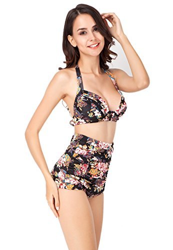Women Swimsuits - icharmore Summer Retro Floral High Waist Padded Bra Push-up Bikini Swimwear (2XL, Black)