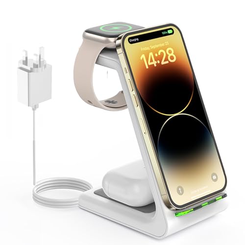 GEEKERA 3 in 1 Wireless Charging Station for Apple, Fast Wireless Charger Stand Dock for iPhone 17 16 15 14 13 12 11 Pro Max Plus XR XS X, Apple Watch Ultra/11/10/9/SE/8/7/6/5/4/3/2, AirPods Pro/4/3/2
