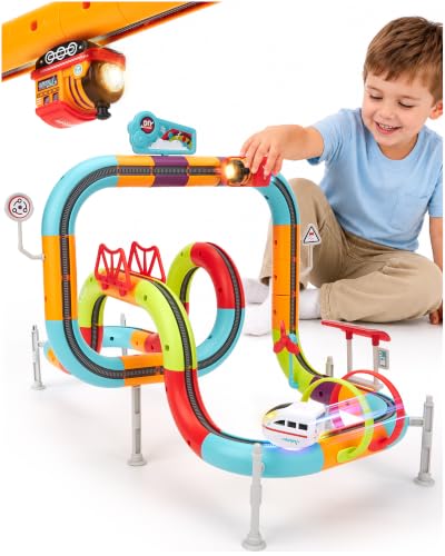 hahaland Electric Train Toy Kids 64 Pieces, DIY 3D Building Kit with Anti-Gravity Track, 2 USB-C Rechargeable Vehicles, Creative Stem Toy, Gift Boy Girl 3 4 5 6 Years Old