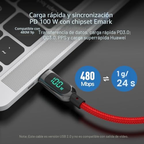 Cabo entrançado de nylon para carregamento rápido USB-C, cabo USB tipo C com ecrã LED para lPhone 15/15 Pro/15 Plus/15 Pro Max, lPad Air, MacBook Pro, Galaxy S23/S22 (2M, Vermelho)