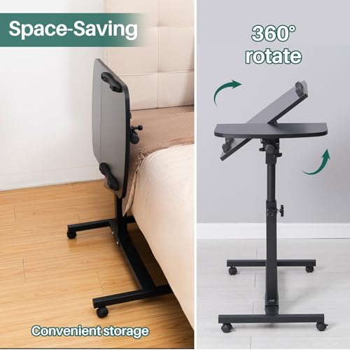 ZERIFAM Movable Computer Desk with Wheels, Adjustable Overbed Table, Tilting Desktop, Rolling Laptop Desk for Bed, Sofa, Or Hospital Use, Mobile Standing Desk for Laptop, Notebook, And Meals (BLACK)