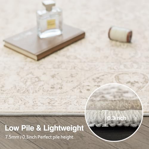 Beauoop Washable Area Rug Beige Neutral 160x230 cm Vintage Non Slip Low Pile Distressed Traditional Indoor Carpet for Living Room Bedroom Soft Retro Thin Rug for Dining Office Kitchen Dorm Entryway
