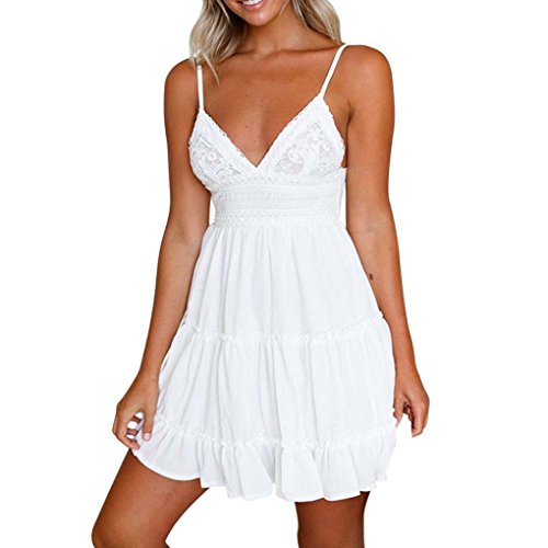 Pengy Women Summer Sleeveless V Neck Halter Lace White Mini Dress Beach Dress Sundress (White, L)