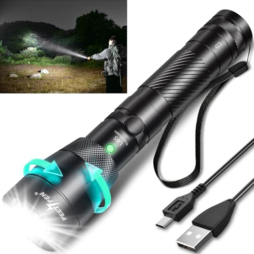 PEETPEN Flashlight, LED Super Bright Rechargeable 2000 Lumens Zoomable USB Tactical Flashlight IP68 Waterproof Camping Torch with 4 Modes for Outdoors, Camping, Hiking