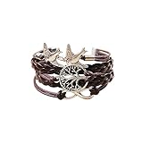 Handmade Leather Bracelet Vintage Infinity Life Tree Flying Birds Charm Bangle Brown
