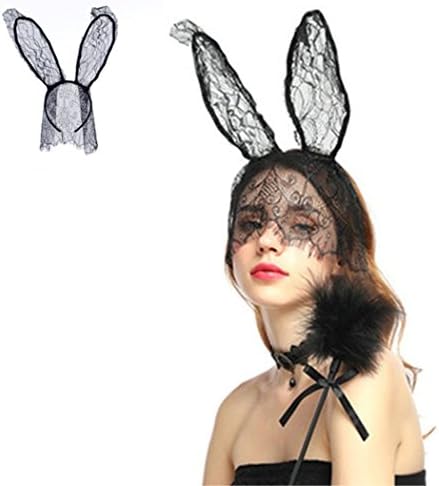 XDLiu Halloween Costume Party Rabbit Bunny Long Ears Headband Black Lace Mask Veil