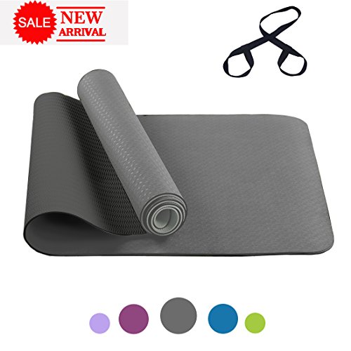 FARLAND Non Slip Yoga Mat with Carrying Strap - Eco Friendly TPE Workout Mat Exercise Mat,Anti-tear Hot Pilates Fitness Yoga Mat in Home & Gym (Grey Black)
