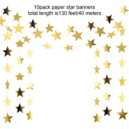 KASTWAVE Glitter Star Garland Banner Decoration, 130 Feet Bright Gold Star Hanging Bunting Banner Backdrop for Engagement Wedding Baby Shower Birthday Decor-Gold