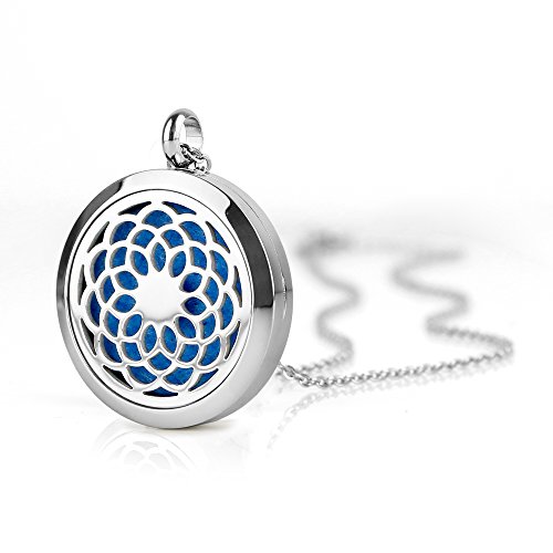 Maromalife Diffuser Necklace Aromatherapy Essential Oil Diffuser Necklace Stainless Steel Sunflower Locket Pendant with 10 Colors Refill Pads