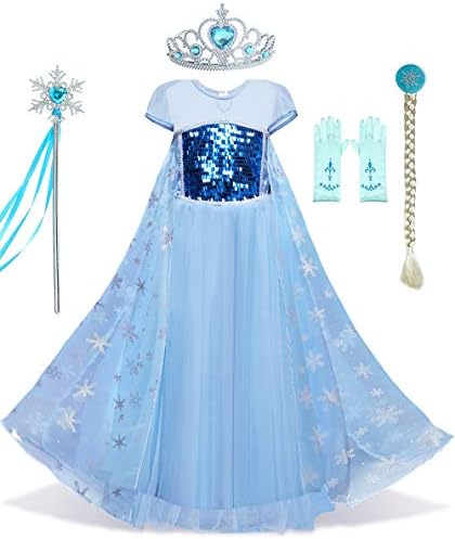 Eshiree Girls Sequin Princess Elsa Costume Halloween Snow Queen Dress up