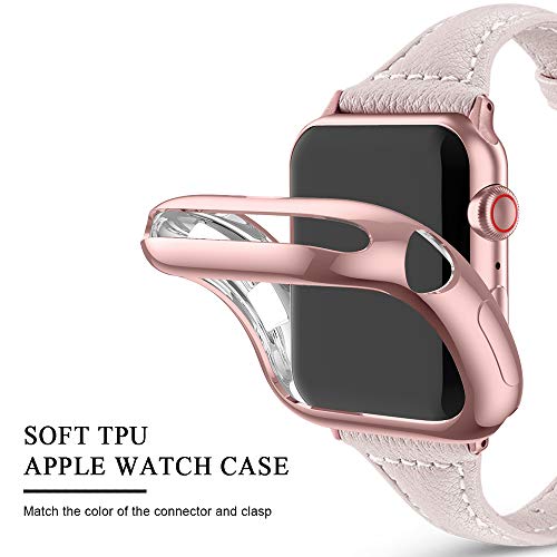 MARGE PLUS Compatible Apple Watch Band with Case 38mm 40mm Women, Slim Genuine Leather Watch Strap with Soft TPU Protective Case Replacement for iWatch Series 4 3 2 1, Pink with Rose Gold Buckle