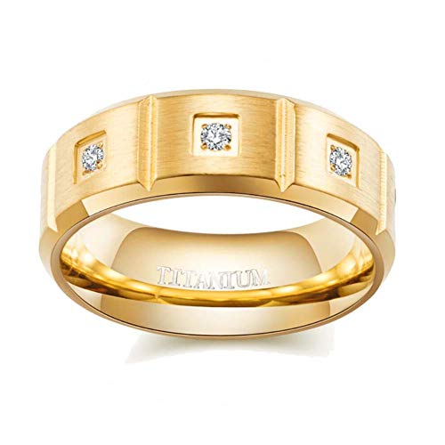 mensring Matte Yellow Gold Plated 8mm Titanium Steel Mens Ring 8pcs Cz Wedding Band Man Ring
