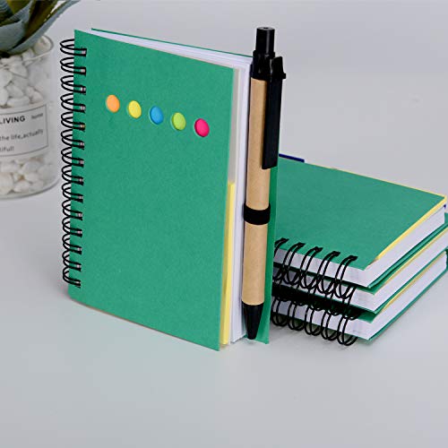 Maxdot 4 Pieces Kraft Paper Steno Pocket Business Notebook Spiral Lined Notepad Set with Pen in Holder, Sticky Colored Notes Page Marker Tabs (Green Cover) - Thumbnail 3
