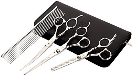 Grooming Scissors for Dog, Include 6-in thinner, 7.25-in straight scissors, 7.25-in curved and 7.25-in comb, Home Grooming Set for Pup