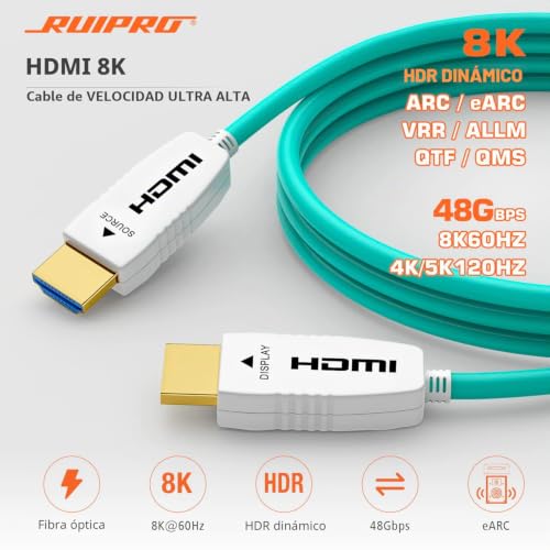 RUIPRO HDMI 2.1 Cable 8K 15M Fiber Optic Ultra High Speed 48Gbps, Supports 8K@60Hz, 4K@120Hz, Dynamic HDR, eARC, HDCP 2.2, Compatible with PS5, Xbox, TV, Projector, Monitor, Home Cinema