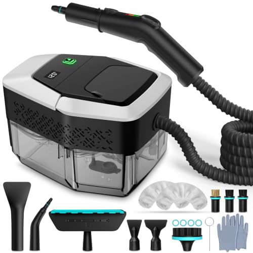 GalhanEhe 14 in 1 Household Cleaning Steamer, 3 Levels Adjustable Handle, Temperature Display, 15s in Heating, 1.8L Reservoir, for Kitchen, Bathroom, Car and Furniture (White and Black)